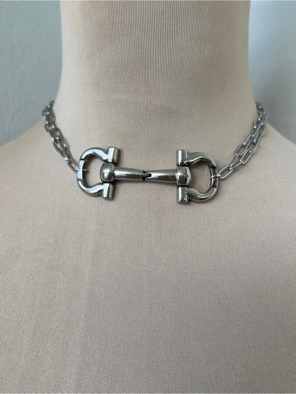 Salvatore Ferragamo Custom Silver Necklace | Gancini Horsebit Hardware 16”